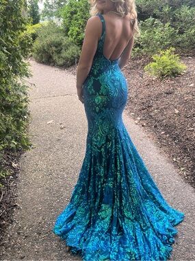 Sherri Hill Teal and Emerald Sequined Mermaid Gown